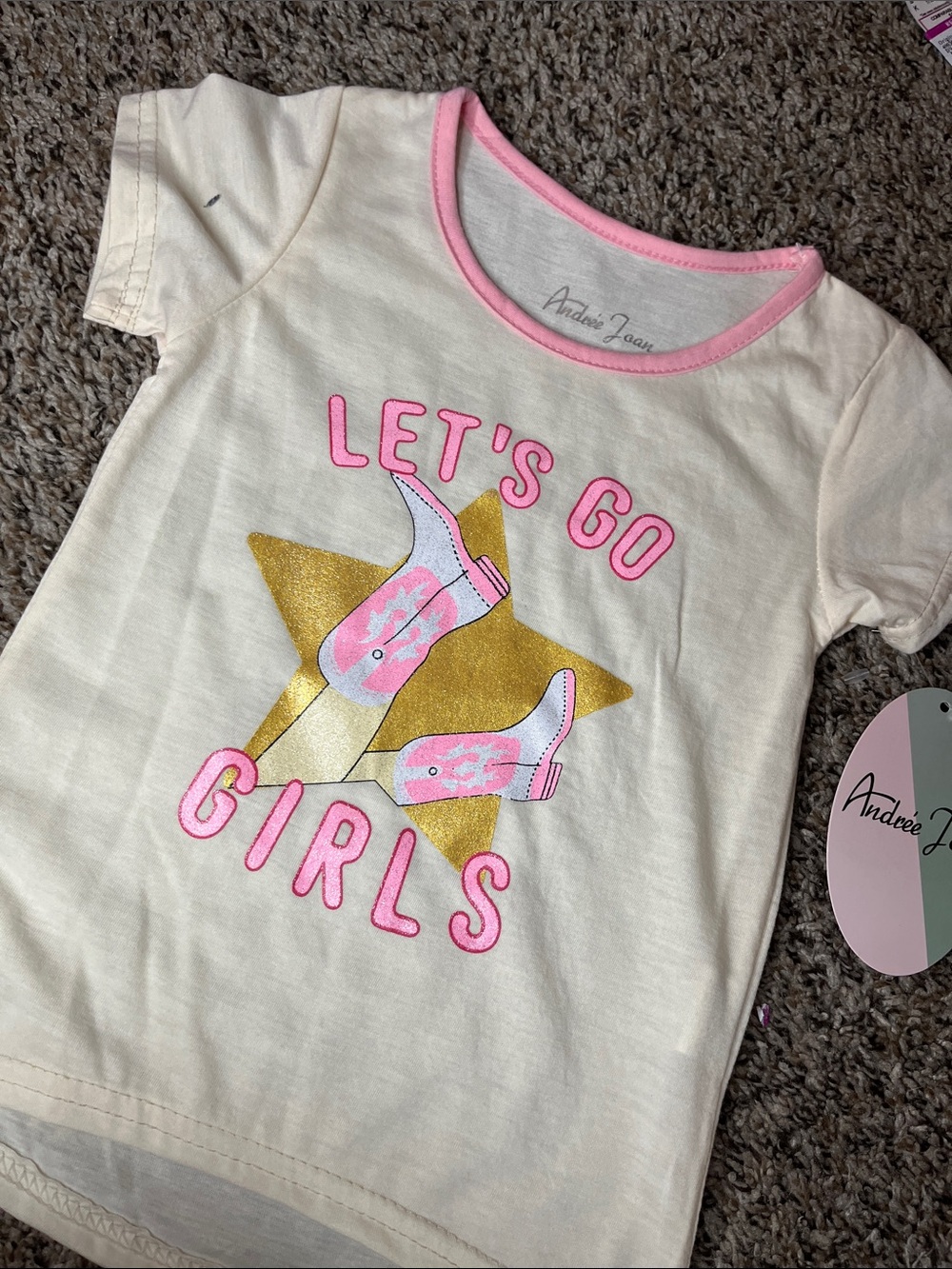 Andree Cream Tee with Pink Trim and Gold Star Graphic